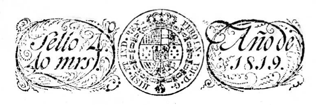 Sello 4º de 1819. Año en que se modifica el diseño, eliminando la Cruz e introduciendo el sello en seco del Monarca Fernando VII. 