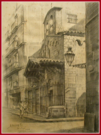 La capilla de Marcús, sede de la Cofradía de Correos, según un dibujo de A. Gomez Feu realizado en 1958.