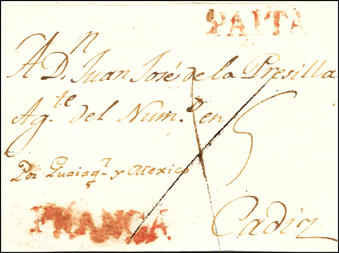 c.a. 1818. De Paita a Cádiz, via México(imagen 3). El manuscrito “5” indica el porte doble a pagar por el remitente, 5 reales de plata. Como se paga en origen, se indica FRANCA 